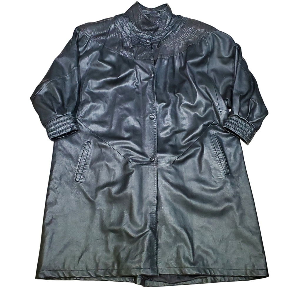 Vtg‎ Black Leather Trench Coat Padded Shoulders Matrix Style Classic 80s 90s Lg